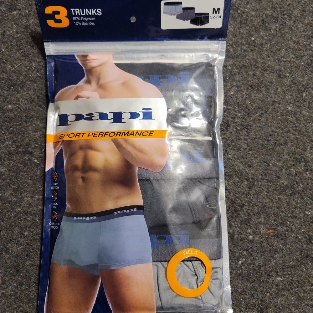 NWT Papi Sport Performance Trunks 3-pack Black, Gray, Drk Gray Medium